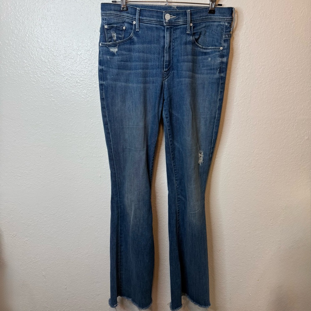 Mother Blue Jeans The Weekender Fray Graffiti Girl Flare Size 29
